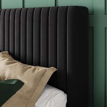 Allewie Queen Bed Frame, Velvet Upholstered Platform Bed with Vertical Channel Tufted Headboard, Mattress Foundation with Strong Wooden Slats, Box Spring Optional, Easy Assembly, Black