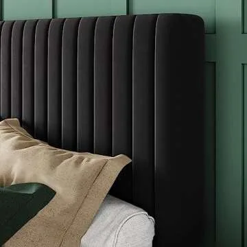 Allewie Queen Bed Frame, Velvet Upholstered Platform Bed with Vertical Channel Tufted Headboard, Mattress Foundation with Strong Wooden Slats, Box Spring Optional, Easy Assembly, Black