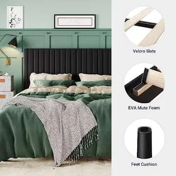 Allewie Queen Bed Frame, Velvet Upholstered Platform Bed with Vertical Channel Tufted Headboard, Mattress Foundation with Strong Wooden Slats, Box Spring Optional, Easy Assembly, Black