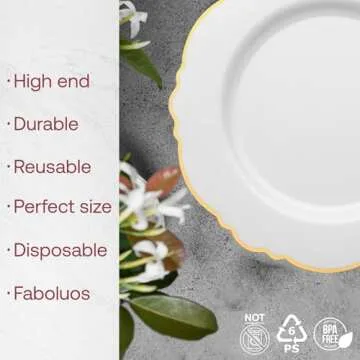 Smarty Had A Party Disposable Plastic Plates, Elegant Heavy Duty Dinnerware Sets, Blossom Rim Design...