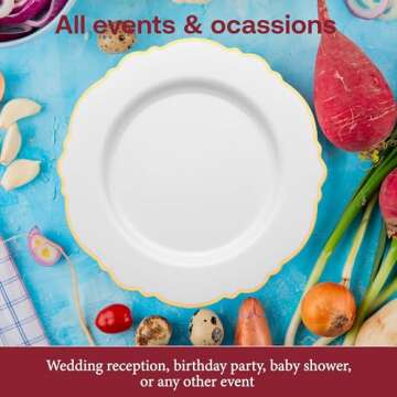 Smarty Had A Party Disposable Plastic Plates, Elegant Heavy Duty Dinnerware Sets, Blossom Rim Design, White and Gold 7.5" Salad Plates for Parties, Weddings, and All Occasions (120 Count)