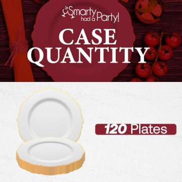 Smarty Had A Party Disposable Plastic Plates, Elegant Heavy Duty Dinnerware Sets, Blossom Rim Design, White and Gold 7.5" Salad Plates for Parties, Weddings, and All Occasions (120 Count)