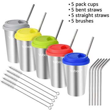 Yuboo 17 oz Stainless Steel Cups - 5 Pack Tumblers with Lids and Straws