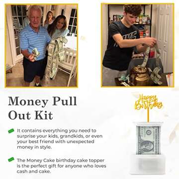 The Money Cake - Money Cake Pull Out Kit Includes 1 Money Box 1 Plastic Roll 50 Transparent Bag Connected Pocket, and Happy Birthday Cake Topper for Birthday Parties