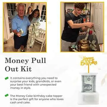 The Money Cake - Money Cake Pull Out Kit Includes 1 Money Box 1 Plastic Roll 50 Transparent Bag Connected Pocket, and Happy Birthday Cake Topper for Birthday Parties