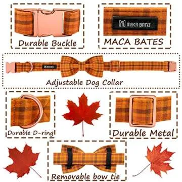 Maca Bates Fall Dog Collar with Bow Tie Soft Cotton Pumpkin Plaid Dogs Collars with Bowtie Checkered...