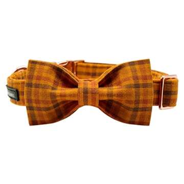Maca Bates Fall Dog Collar with Bow Tie Soft Cotton Pumpkin Plaid Dogs Collars with Bowtie Checkered Halloween Thanksgiving Day Adjustable Puppy Colar for Small Medium Large Girl Boy Male Female Pet