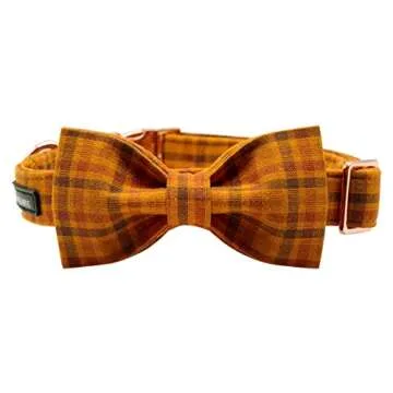 Maca Bates Fall Dog Collar with Bow Tie Soft Cotton Pumpkin Plaid Dogs Collars with Bowtie Checkered Halloween Thanksgiving Day Adjustable Puppy Colar for Small Medium Large Girl Boy Male Female Pet