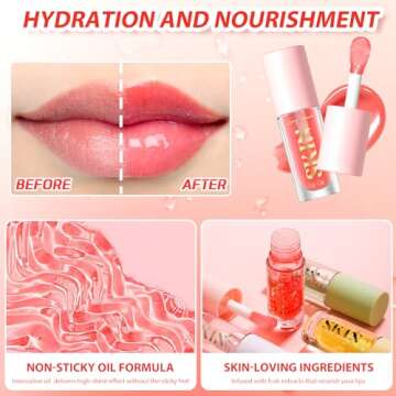 BANGFENG Big Brush Head Hydrating Lip Glow Oil Plumping Lip Tint, Hydrating Lip Gloss Tinted Lip Balm Transparent Lip Care, Long Lasting Nourishing Non-sticky Fresh Texture (Cherry)