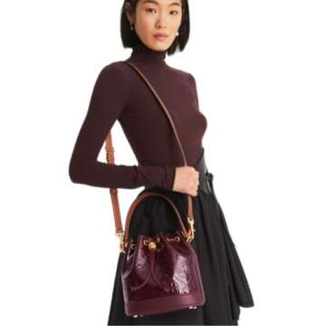 Tory Burch 135826 T Monogram Albarossa Wine Purple With Gold Hardware Patent Embossed Women's Bucket Bag