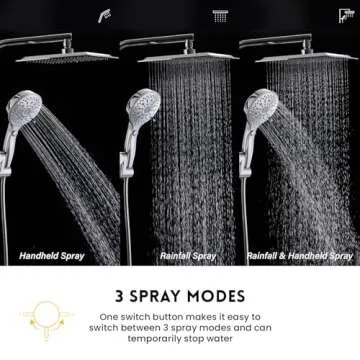 Ryamen 10 Inch Rainfall Shower Head with Handheld Spray Combo, Dual Shower Head with High Pressure, 12 Spray Settings, Brass Casting 3-Way Shower Arm, Adjustable Slide Bar, Holder/Hose, Chrome