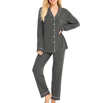 SWOMOG Womens Pajamas Set Long Sleeve Button Down Sleepwear with Pants 2 Pieces Warm Loungewear Soft...
