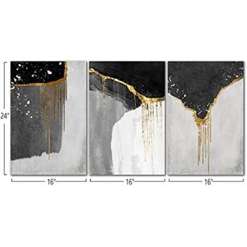 Loomarte 3 Piece Abstract Wall Art Black and White Wall Decor Modern Framed Black Gold Grey Bedroom Boho Paintings Print Picture Artwork for Bathroom Home Office Living Room decorations 16"x24"
