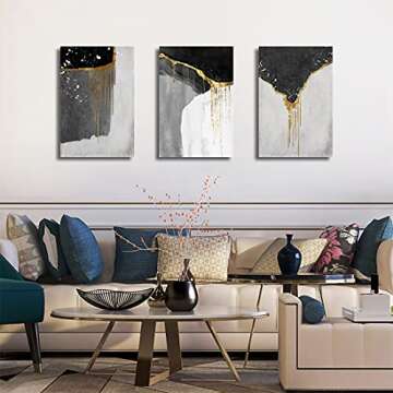 Loomarte 3 Piece Abstract Wall Art Black and White Wall Decor Modern Framed Black Gold Grey Bedroom Boho Paintings Print Picture Artwork for Bathroom Home Office Living Room decorations 16"x24"