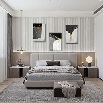 Loomarte 3 Piece Abstract Wall Art Black and White Wall Decor Modern Framed Black Gold Grey Bedroom Boho Paintings Print Picture Artwork for Bathroom Home Office Living Room decorations 16"x24"
