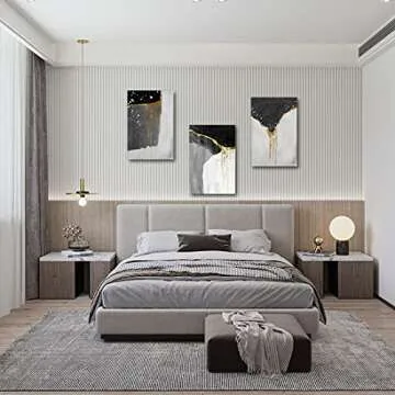 Loomarte 3 Piece Abstract Wall Art Black and White Wall Decor Modern Framed Black Gold Grey Bedroom Boho Paintings Print Picture Artwork for Bathroom Home Office Living Room decorations 16"x24"