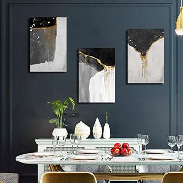 Loomarte 3 Piece Abstract Wall Art Black and White Wall Decor Modern Framed Black Gold Grey Bedroom Boho Paintings Print Picture Artwork for Bathroom Home Office Living Room decorations 16"x24"