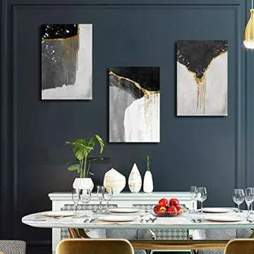 Loomarte 3 Piece Abstract Wall Art Black and White Wall Decor Modern Framed Black Gold Grey Bedroom Boho Paintings Print Picture Artwork for Bathroom Home Office Living Room decorations 16"x24"