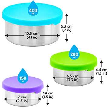 WeeSprout 18/8 Stainless Steel Food Storage Containers - Set of 3 (150 ml, 200 ml, 400 ml) Durable Metal with Leakproof Silicone Lids, for Lunch Box, Snacks & Leftovers