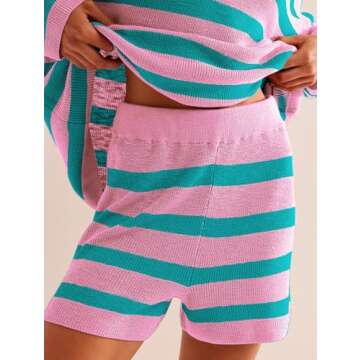 Balimtoy Women Striped Sweater Set Oversized Lounge Sets Matching Pajamas Long Sleeve Sweater Top and Shorts (Pink-green, S)