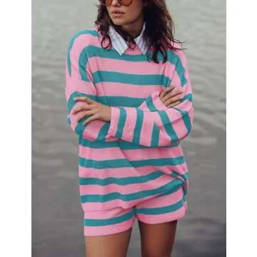 Balimtoy Women Striped Sweater Set Oversized Lounge Sets Matching Pajamas Long Sleeve Sweater Top and Shorts (Pink-green, S)