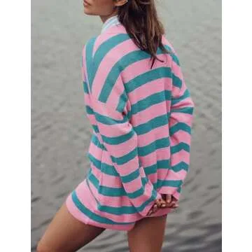Balimtoy Women Striped Sweater Set Oversized Lounge Sets Matching Pajamas Long Sleeve Sweater Top and Shorts (Pink-green, S)