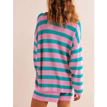 Balimtoy Women Striped Sweater Set Oversized Lounge Sets Matching Pajamas Long Sleeve Sweater Top and Shorts (Pink-green, S)