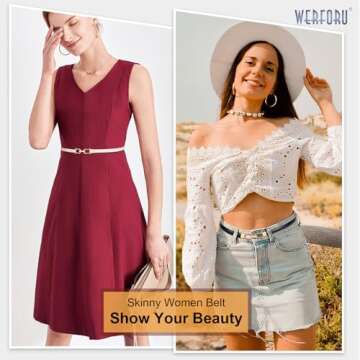 WERFORU Women 3 Pack Skinny Belt for Dress,Thin Waist Belt - Adjustable Leather Belt with Gold Buckle, Black+Brown+Beige, Fit Waist Size below 37 Inches