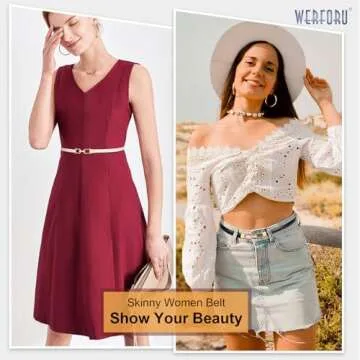 WERFORU Women 3 Pack Skinny Belt for Dress,Thin Waist Belt - Adjustable Leather Belt with Gold Buckle, Black+Brown+Beige, Fit Waist Size below 37 Inches
