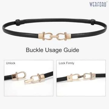 WERFORU Women 3 Pack Skinny Belt for Dress,Thin Waist Belt - Adjustable Leather Belt with Gold Buckle, Black+Brown+Beige, Fit Waist Size below 37 Inches