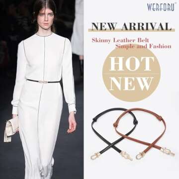 WERFORU Women 3 Pack Skinny Belt for Dress,Thin Waist Belt - Adjustable Leather Belt with Gold Buckle, Black+Brown+Beige, Fit Waist Size below 37 Inches