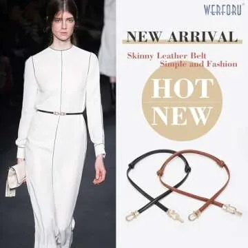 WERFORU Women 3 Pack Skinny Belt for Dress,Thin Waist Belt - Adjustable Leather Belt with Gold Buckle, Black+Brown+Beige, Fit Waist Size below 37 Inches