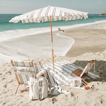 Business & Pleasure Co. Amalfi Umbrella - 7.2' Boho Beach Umbrella - Large & Sturdy Yet Lightweight - UPF 50+ UV-Resistant Canvas, Black Two Stripe