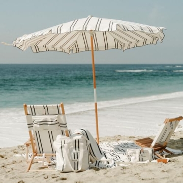 Business & Pleasure Co. Amalfi Umbrella - 7.2' Boho Beach Umbrella - Large & Sturdy Yet Lightweight - UPF 50+ UV-Resistant Canvas, Black Two Stripe