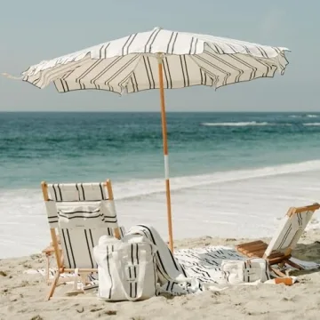 Business & Pleasure Co. Amalfi Umbrella - 7.2' Boho Beach Umbrella - Large & Sturdy Yet Lightweight - UPF 50+ UV-Resistant Canvas, Black Two Stripe