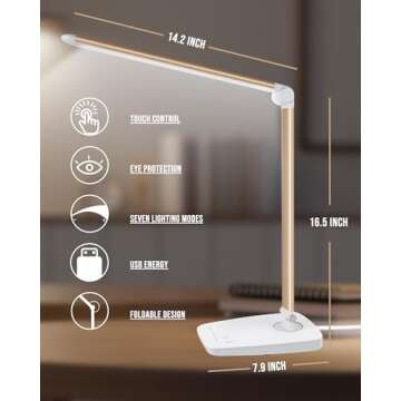 Lichamp Dimmable LED Desk Lamp with USB Charging Port, Touch Control Foldable Gooseneck Free Rotatio...
