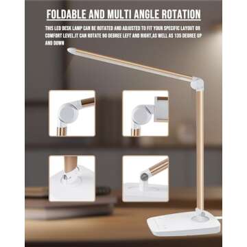 Lichamp Dimmable LED Desk Lamp with USB Charging Port, Touch Control Foldable Gooseneck Free Rotation Adjustable Eye Care Table Lamp, Bedside Reading Light with UL AC Adapter (Gold)