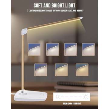 Lichamp Dimmable LED Desk Lamp with USB Charging Port, Touch Control Foldable Gooseneck Free Rotation Adjustable Eye Care Table Lamp, Bedside Reading Light with UL AC Adapter (Gold)