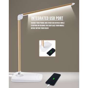 Lichamp Dimmable LED Desk Lamp with USB Charging Port, Touch Control Foldable Gooseneck Free Rotation Adjustable Eye Care Table Lamp, Bedside Reading Light with UL AC Adapter (Gold)