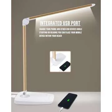 Lichamp Dimmable LED Desk Lamp with USB Charging Port, Touch Control Foldable Gooseneck Free Rotation Adjustable Eye Care Table Lamp, Bedside Reading Light with UL AC Adapter (Gold)