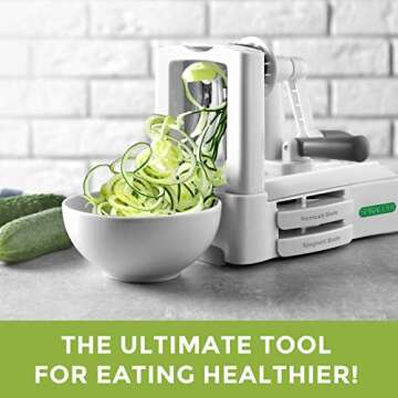 Spiralizer Ultimate 10 Strongest-and-Heaviest Duty Vegetable Slicer Best Veggie Pasta Spaghetti Maker for Keto/Paleo/Gluten-Free, With Extra Blade Caddy & 4 Recipe Ebook White