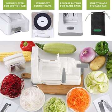 Spiralizer Ultimate 10 Strongest-and-Heaviest Duty Vegetable Slicer Best Veggie Pasta Spaghetti Maker for Keto/Paleo/Gluten-Free, With Extra Blade Caddy & 4 Recipe Ebook White