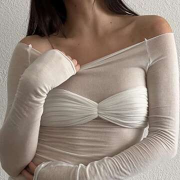 Women's Sexy Crop Top Long Sleeve Off Shoulder Going Out Tops Slim Fit Mesh Ruched Twisted Blouse Y2K T Shirt