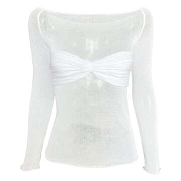 Women's Sexy Crop Top Long Sleeve Off Shoulder Going Out Tops Slim Fit Mesh Ruched Twisted Blouse Y2K T Shirt