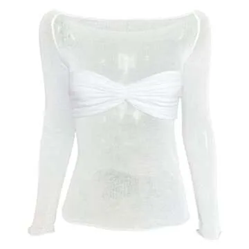 Women's Sexy Crop Top Long Sleeve Off Shoulder Going Out Tops Slim Fit Mesh Ruched Twisted Blouse Y2K T Shirt