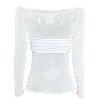 Women's Sexy Crop Top Long Sleeve Off Shoulder Going Out Tops Slim Fit Mesh Ruched Twisted Blouse Y2K T Shirt