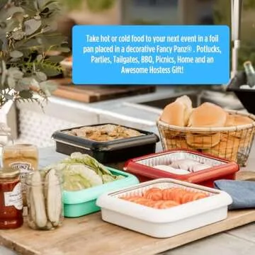 Fancy Panz, Serving Tray for Food, Made in the USA Foil Pan Carrier, Stackable Aluminum Pan Holders, 8x8 Travel Casserole Carrier With 1 Disposable Foil Pan & Serving Spoon, Denim Blue