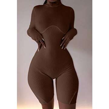 XLLAIS Women Sexy High Neck Long Sleeve Bodycon Shorts Jumpsuit Rib Outfits (Brown, Large)