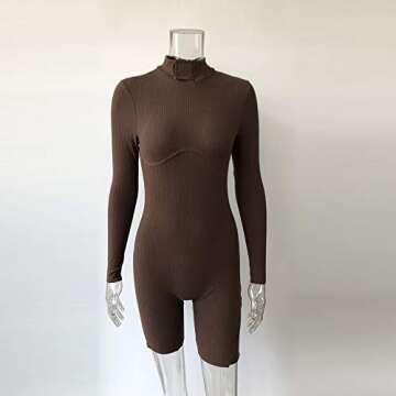 XLLAIS Women Sexy High Neck Long Sleeve Bodycon Shorts Jumpsuit Rib Outfits (Brown, Large)