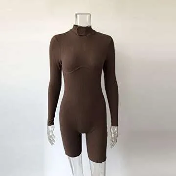 XLLAIS Women Sexy High Neck Long Sleeve Bodycon Shorts Jumpsuit Rib Outfits (Brown, Large)